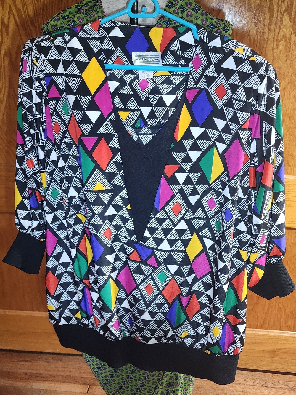 Vintage Black Pullover 80's Blouse with Multicolor Geometric Print
